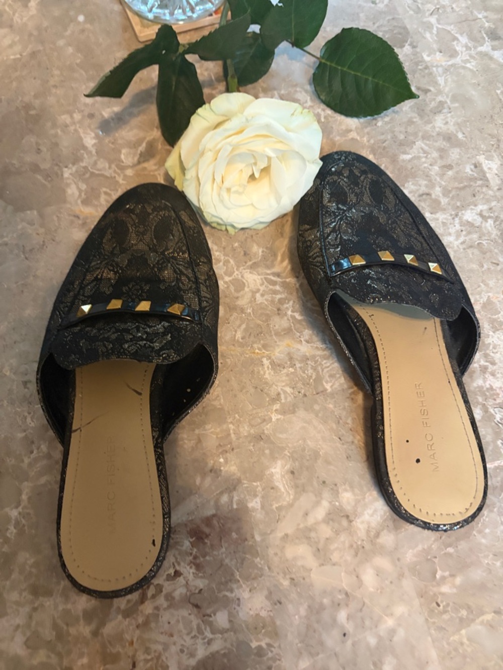 Marc Fisher Black Lace Mule with Gold Pyramid Studs